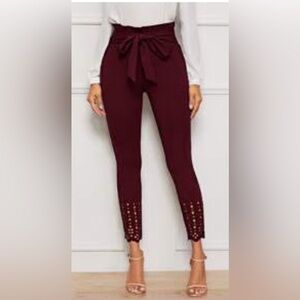 Burgundy | Paper bag Waist | Scalloped Edge Laser Cut Skinny Pants | Sz L